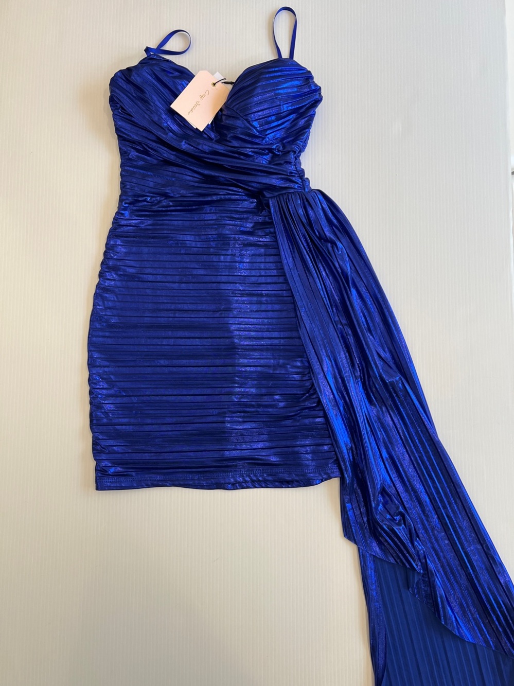 New City Studio Women’s Blue Metallic Mini Dress with Draped Sash in Size Small
